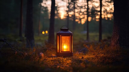 A glowing solar powered lantern rests on the forest floor at dusk casting a warm inviting light