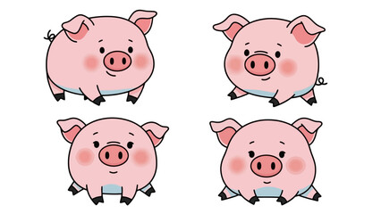 Collection of Four Adorable Cartoon Pigs Posing in Different Cute Positions