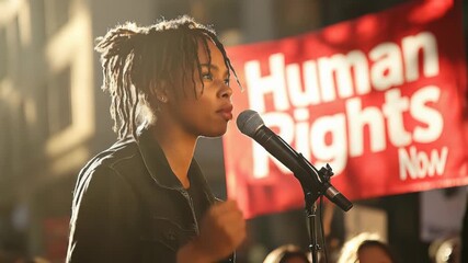 Determined advocate speaks at a protest rally, passionately promoting fundamental human rights and universal civil liberties. A strong voice champions justice, fairness, and collective freedom.