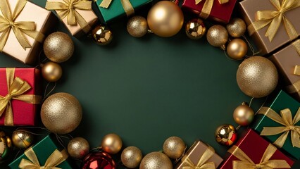Green Christmas background with luxury gift boxes and gold ornaments border, elegant holiday frame with copy space

