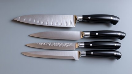 Modern minimalist kitchen knives collection in studio setting for culinary enthusiasts