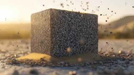 A solid unyielding block of granite undergoing slow erosion with particles scattering around the base illuminated by warm golden sunlight