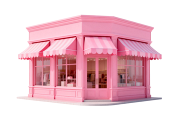 Pink Corner Storefront with Striped Awnings