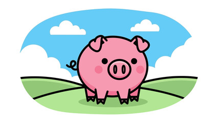 Cute Cartoon Pig Illustration on Green Hill with Blue Sky and Clouds