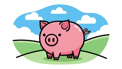 Cute Pink Pig in a Sunny Meadow with Blue Sky and Clouds Vector Art