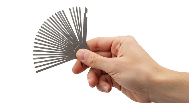 Hand holding a fanned-out feeler gauge for precision measurement and gap inspection against a clean white background, highlighting industrial and mechanical accuracy