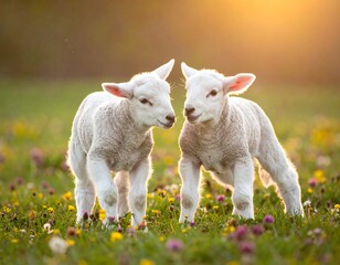 Obraz premium Two fluffy white baby lambs stand in a vibrant field with wildflowers, bathed in warm sunlight