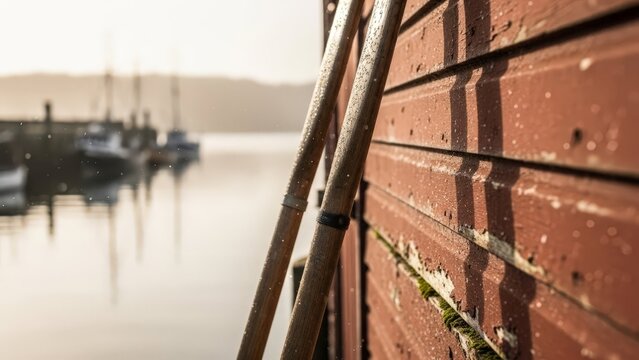 Weathered Wooden Oars Resting Against a Rustic Boathouse Wall by the Water - Powered by Adobe