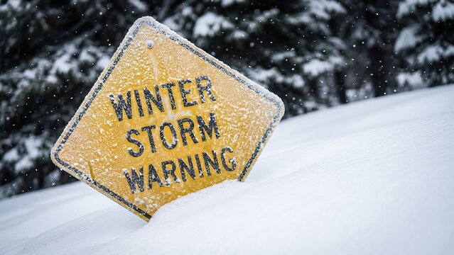 Frosted Winter Storm Warning Sign in Snowy Landscape with Evergreen Trees