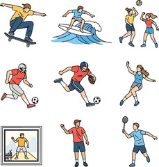 Diverse Group of People Engaging in Various Sports and Recreational Activities Outdoors and Indoors Featuring Surfing Skating and More