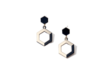 Geometric Hexagon Black and Gold Drop Earrings