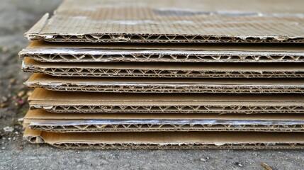 A stack of flattened corrugated cardboard boxes lies in a close up view showcasing its layered texture