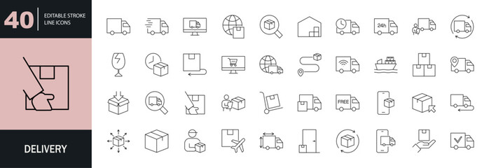 Truck Delivery icon set. Editable line icons. Vector illustration. 