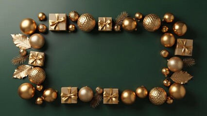 Green Christmas background with luxury gift boxes and gold ornaments border, elegant holiday frame with copy space

