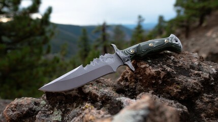 Rugged fixed blade knife with sheath in natural outdoor setting