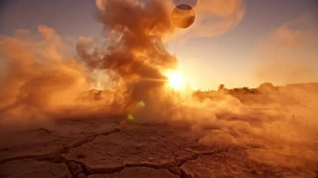 Dramatic slow motion shot capturing a white softball violently hitting the dusty ground creating a plume of fine particulate matter at sunset baseball, Dramatic, golden