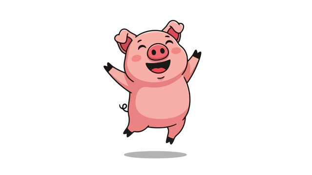 A happy cartoon pig with its arms raised in excitement, jumping in the air.