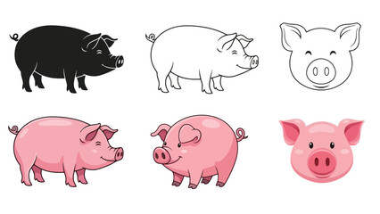 Collection of Cute Pig Illustrations: Black, White Outline, and Pink Cartoon Styles