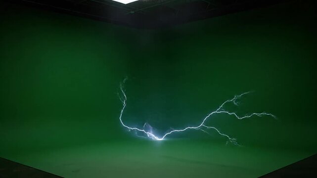 Epic lightning bolts flash across a green screen studio set to showcase powerful electricity effects