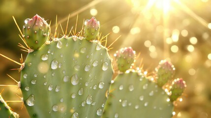 Close up of cactus with glistening water drops under bright sun