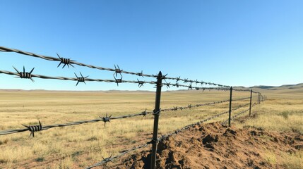 Fototapeta premium Barbed Wire Fence Extending Across a Rural Landscape