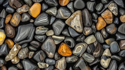 An overhead view of an array of diverse polished gemstones with intricate natural patterns arranged closely together showcasing their smooth shiny surfaces and vibrant colors
