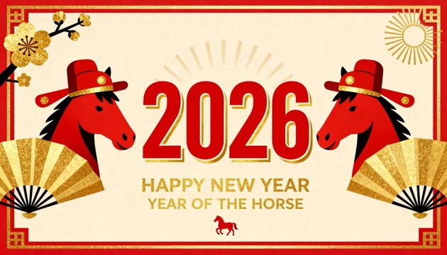 Happy New Year 2026 Year of the Horse Chinese Zodiac Red Horses Fans Plum Blossoms HD Wallpaper