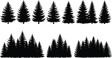 Fototapeta premium Black silhouette set of various pine trees and forest borders