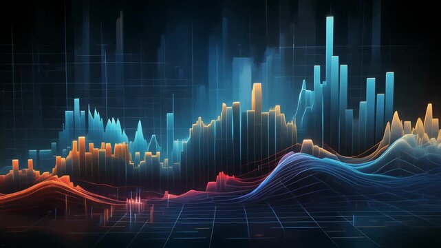 Dynamic abstract digital data visualization with glowing bar charts and flowing line graphs representing financial market trends and business analytics
