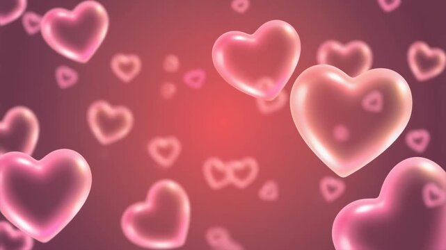 Dynamic animation of romantic pink heart bubbles gracefully floating and shimmering on a soft bokeh background perfect for Valentine's Day love and celebration