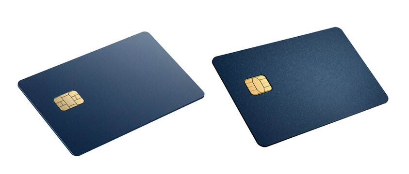 Set of blank navy blue smart cards with golden EMV chips isolated on white background.