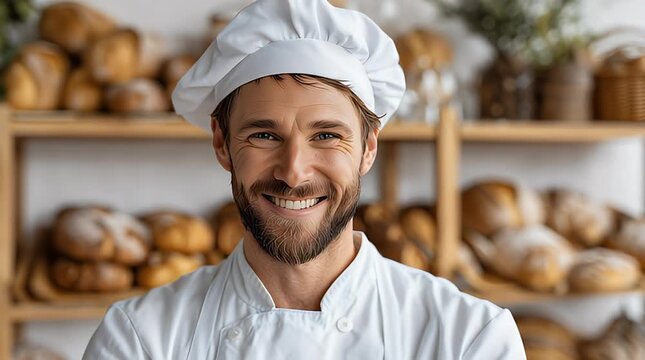 B&auml;cker mit Arbeitskleidung in einer traditionellen Backstube &ndash; freundliches Portr&auml;t