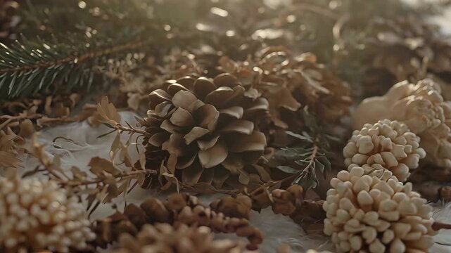 Rustic pine cones and evergreen branches on snowy background, winter forest floor with natural wooden textures, festive holiday botanical arrangement