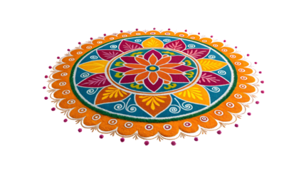 Rangoli Circular Design PNG
Vibrant, circular Rangoli design with central lotus and traditional Indian motifs in bright colors on transparent background.
