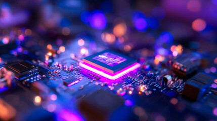 Futuristic digital circuit board with glowing blue signal lines and central microchip technology background