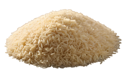 Mound of uncooked long grain basmati rice on a stark for food design on transparent background