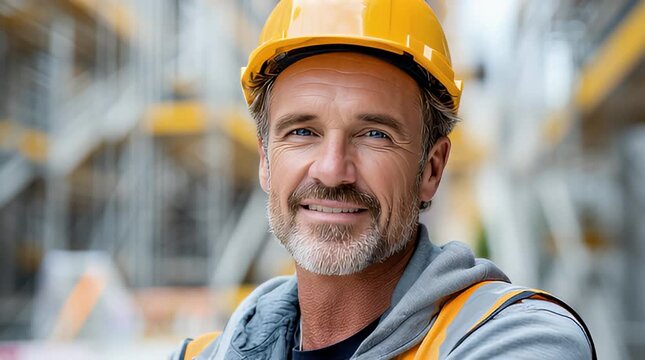 Bauarbeiter mit Schutzhelm auf Baustelle &ndash; professionelles Portr&auml;t