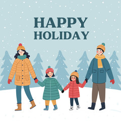 Fototapeta premium Winter Holiday Family Outing: Amidst a snowy landscape, a family of four, bundled in warm winter attire, joyfully embarks on a festive holiday outing, creating cherished memories.