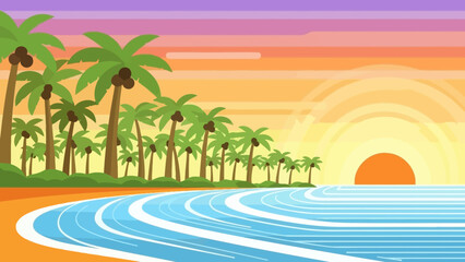 Obraz premium Tropical beach sunset with palm trees and ocean waves, a serene paradise illustration