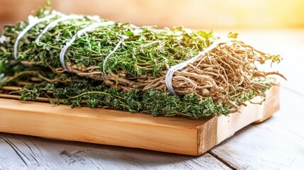 Bundles of dried herbs tied with white string resting on a wooden surface with warm sunlight