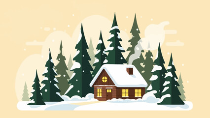 Fototapeta premium Cozy Cabin in Snowy Forest Illustration with Warm Lights