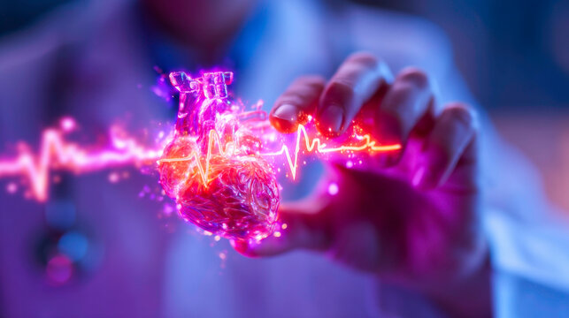 Futuristic scene doctor in blue scrubs touching glowing holographic heart with diagnostic data - Powered by Adobe
