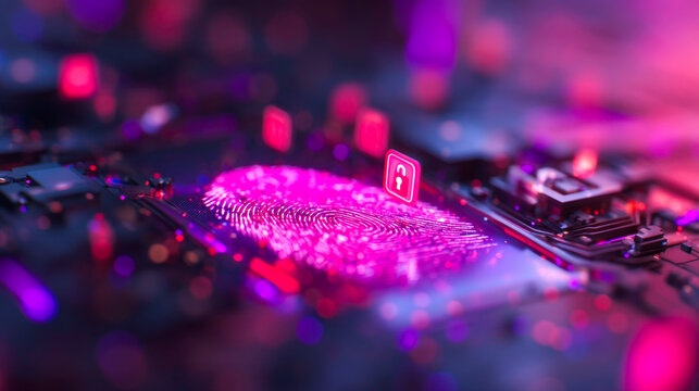 Glowing fingerprint hologram with padlock icons and circuit design symbolizing biometric data security - Powered by Adobe