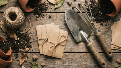 Gardening tools and seed packets on a rustic wooden table. Spring planting preparation flat lay with soil and pots