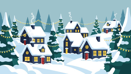 Charming winter village scene with cozy snow-covered houses, festive string lights, and snow-laden evergreen trees under a serene sky, evoking seasonal warmth and holiday spirit