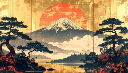 縁起の良い富士山と日の出の和風イラスト 金背景