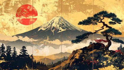Illustration du mont Fuji et du lever de soleil sur fond dor&eacute; pour le Nouvel An