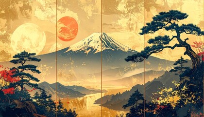 Japanese New Year Mount Fuji and Sunrise Gold Illustration