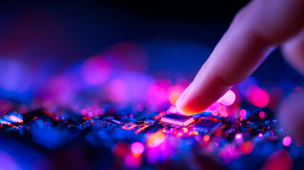 Human hand interacting with glowing blue holographic screen showing digital circuits and data flow