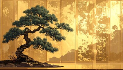 Ilustraci&oacute;n de pino japon&eacute;s sobre fondo dorado para A&ntilde;o Nuevo